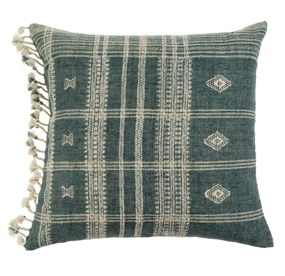 Wool Kutch Weave Handloom Throw Pillow with Fringe (Blue)