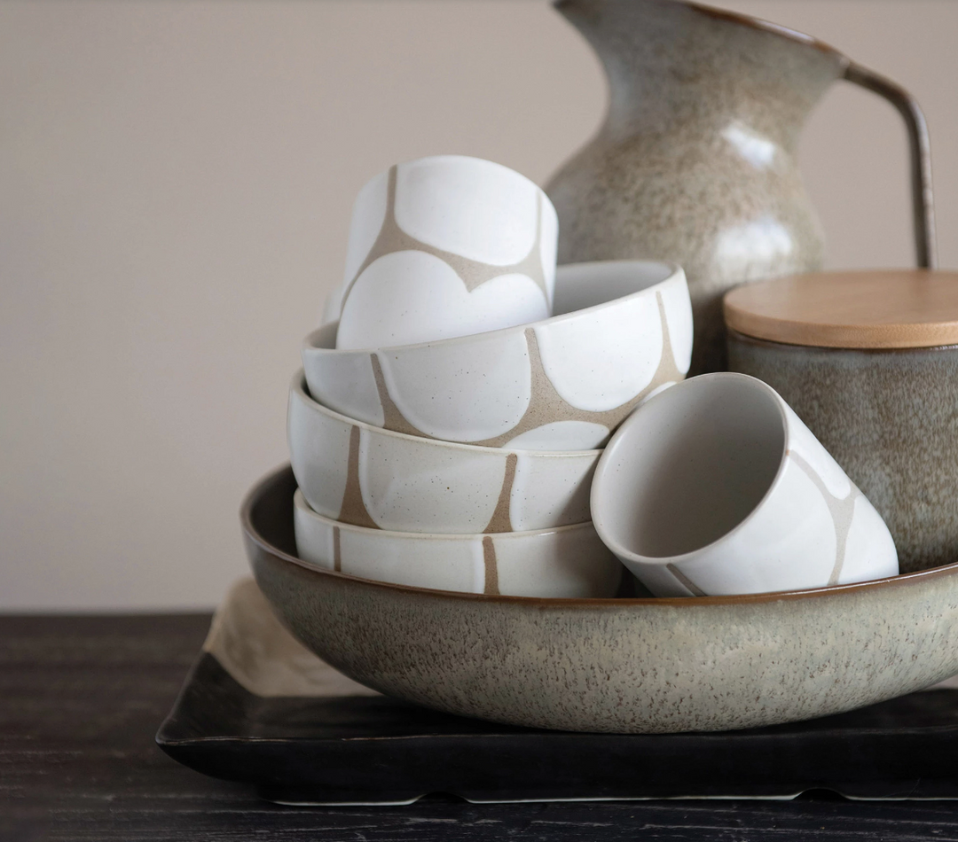 Hand-Painted Stoneware Bowl with Scallop Design