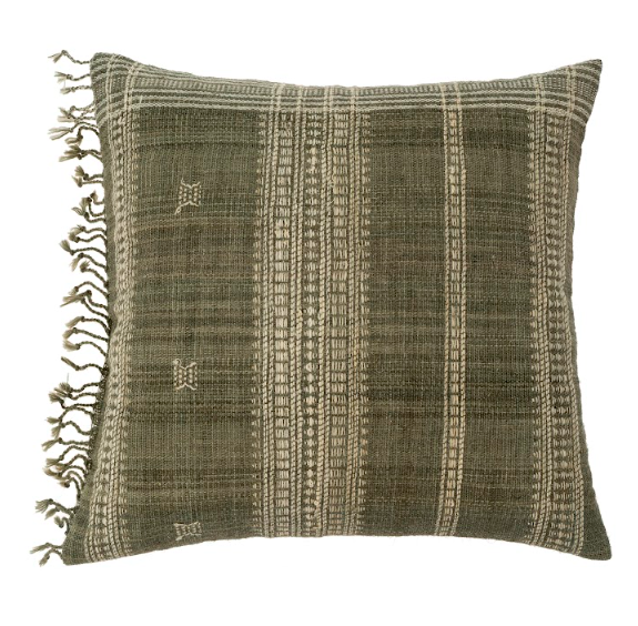 Wool Kutch Weave Handloom Throw Pillow with Fringe (Green)